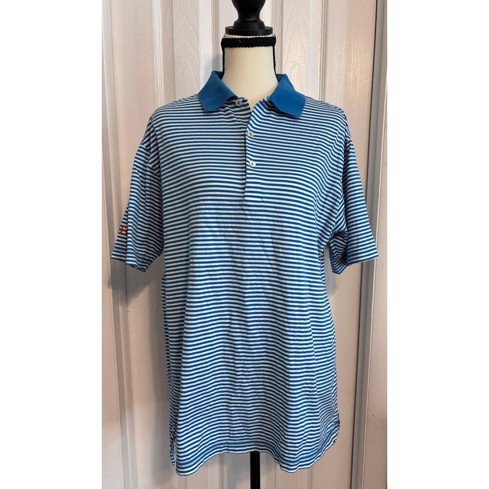 Peter Millar Golf Polo Men’s Medium Blue & White Stripe 100% Cotton